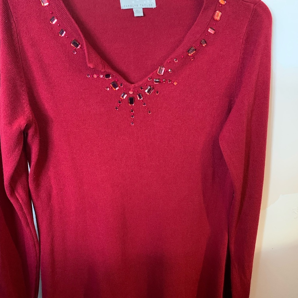 Beautiful red sweater with rhinestone jewels